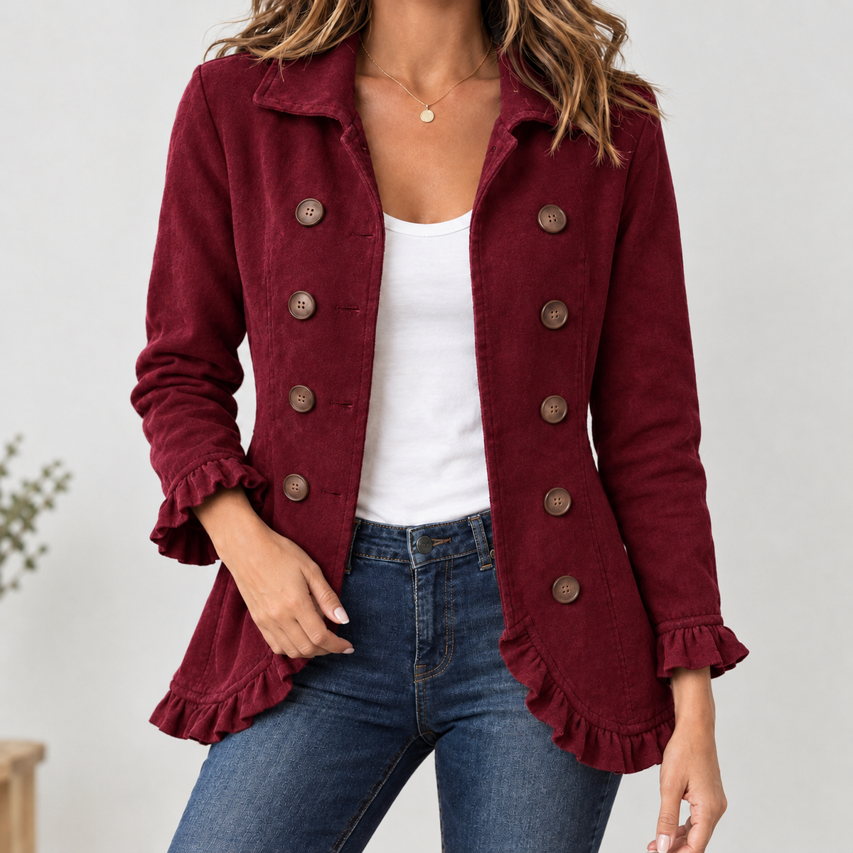 Alexandra Ruffle Trim Jacket - Wine Red