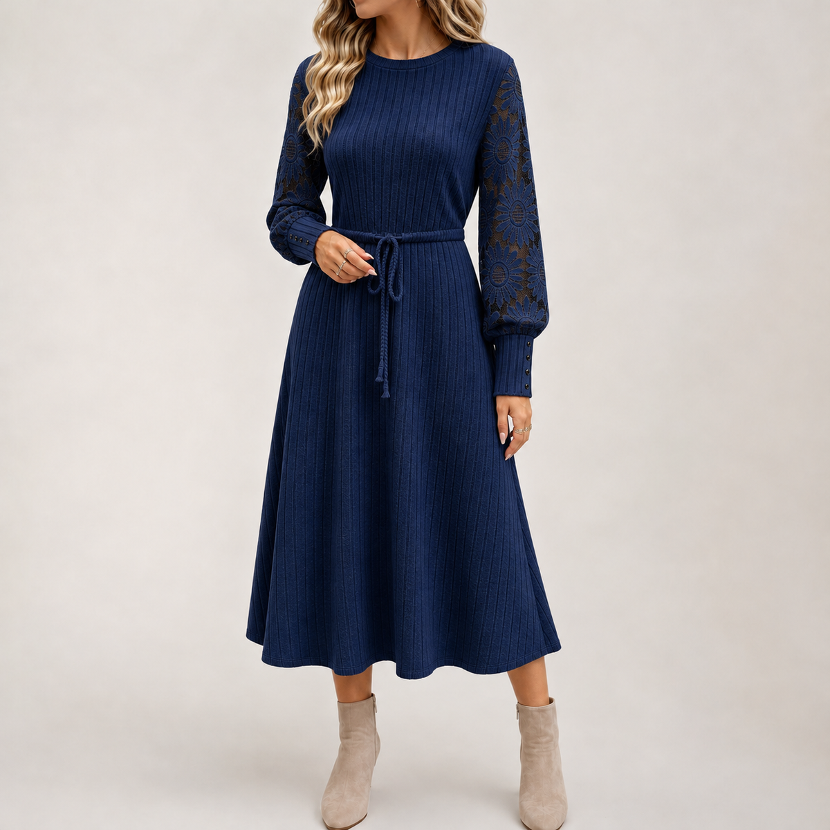 Katia Ribbed Midi Dress - Navy Blue