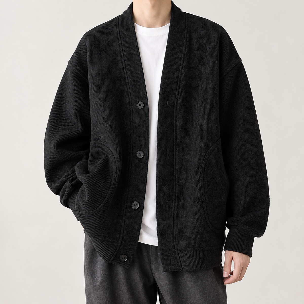 Leon Waffle Knit Cardigan - Black