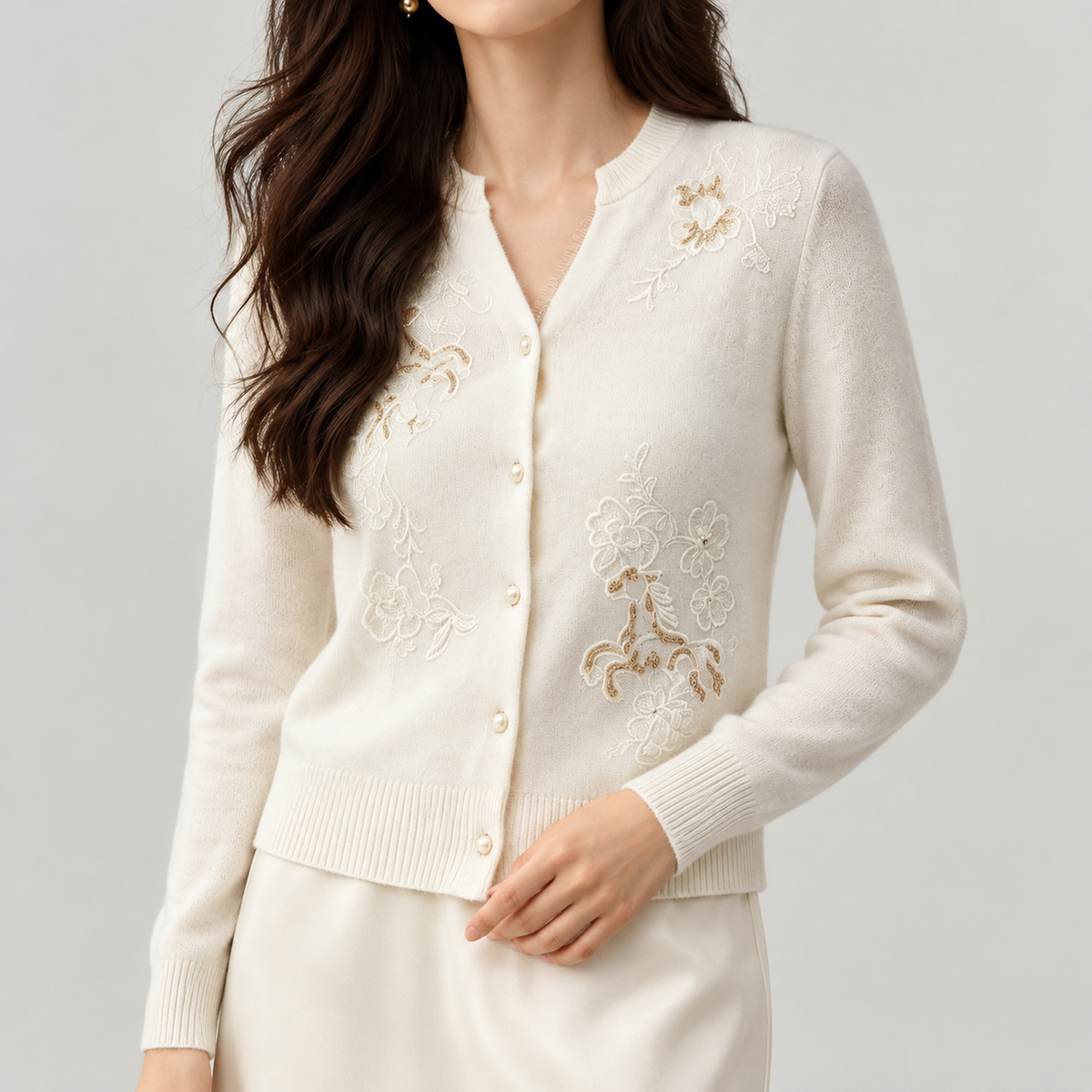 Karolien Cashmere Embroidered Cardigan - White