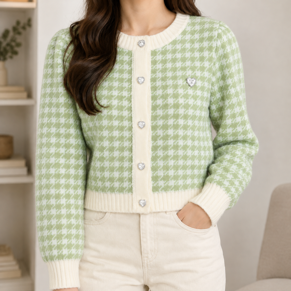Cornelia Houndstooth Cardigan - Ocean Green