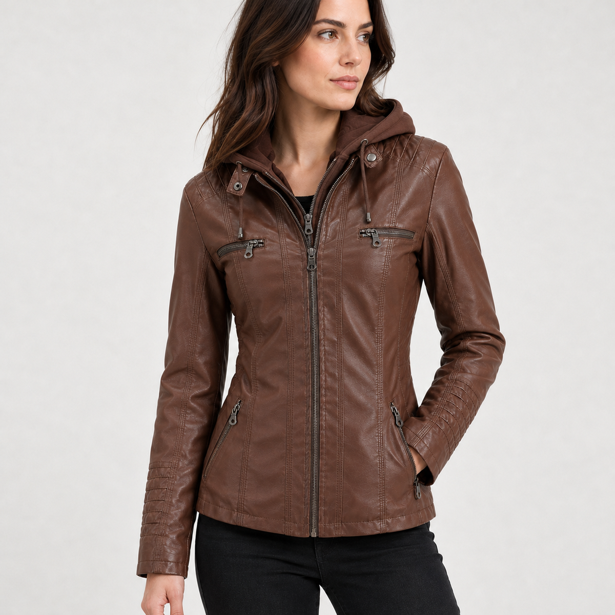 Clarisse Hooded Leather Jacket - Coffee
