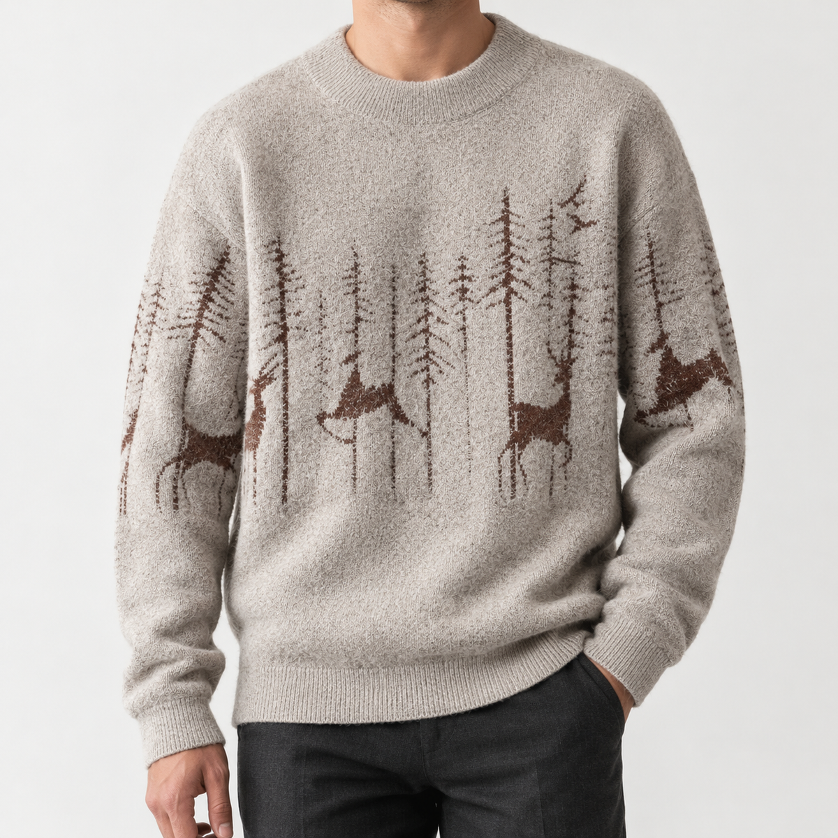 Hreinn Deer Motif Sweater - Beige