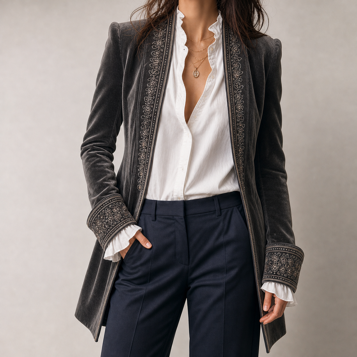 Felicie Embroidered Velvet Jacket - Dark Gray