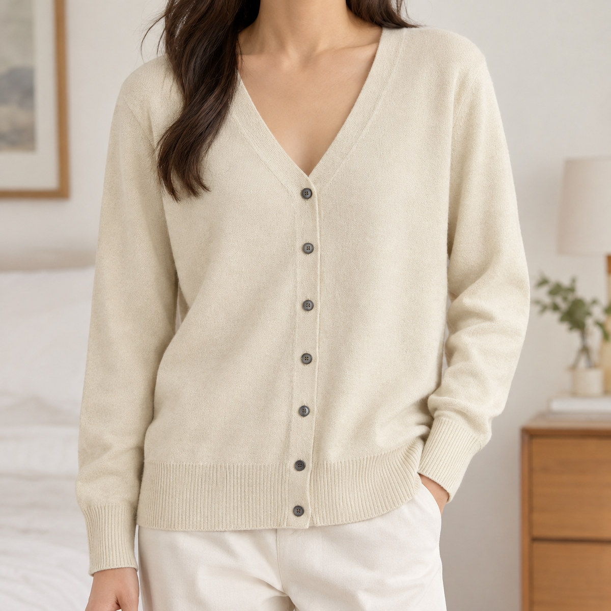 Constanze V Neck Cardigan - Beige