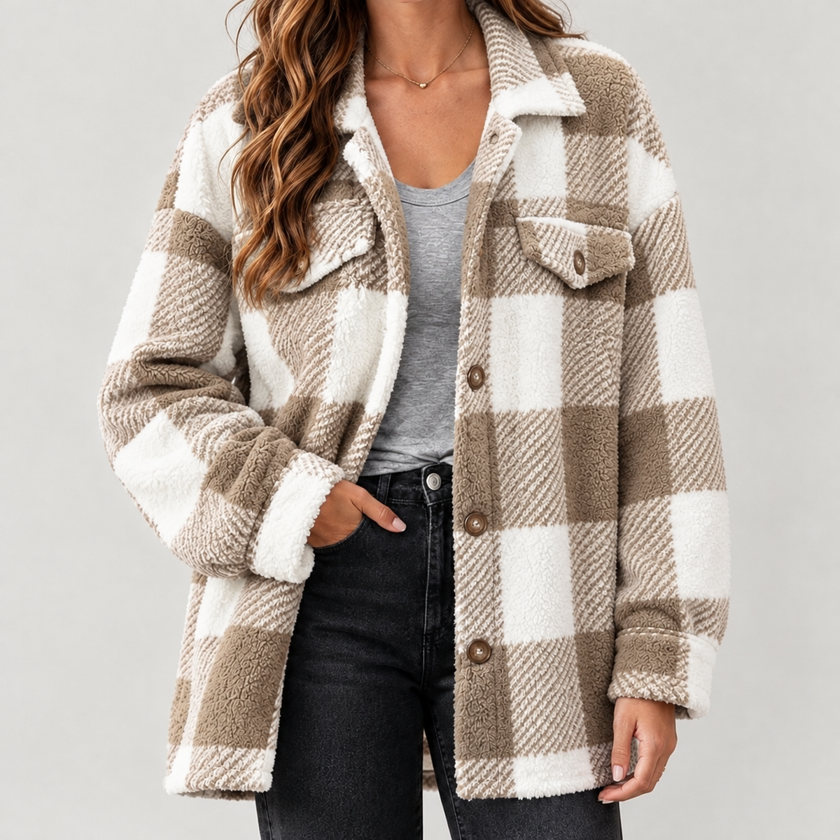 Maribel Plush Plaid Jacket - Khaki