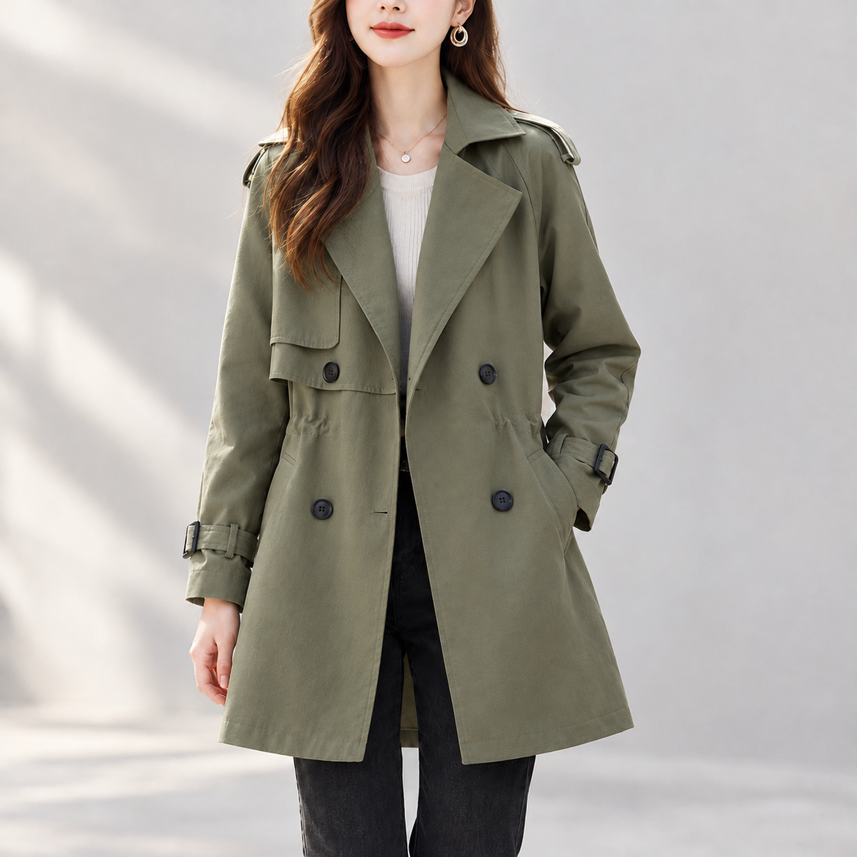 Sarah Double Breasted Overcoat - Army Green