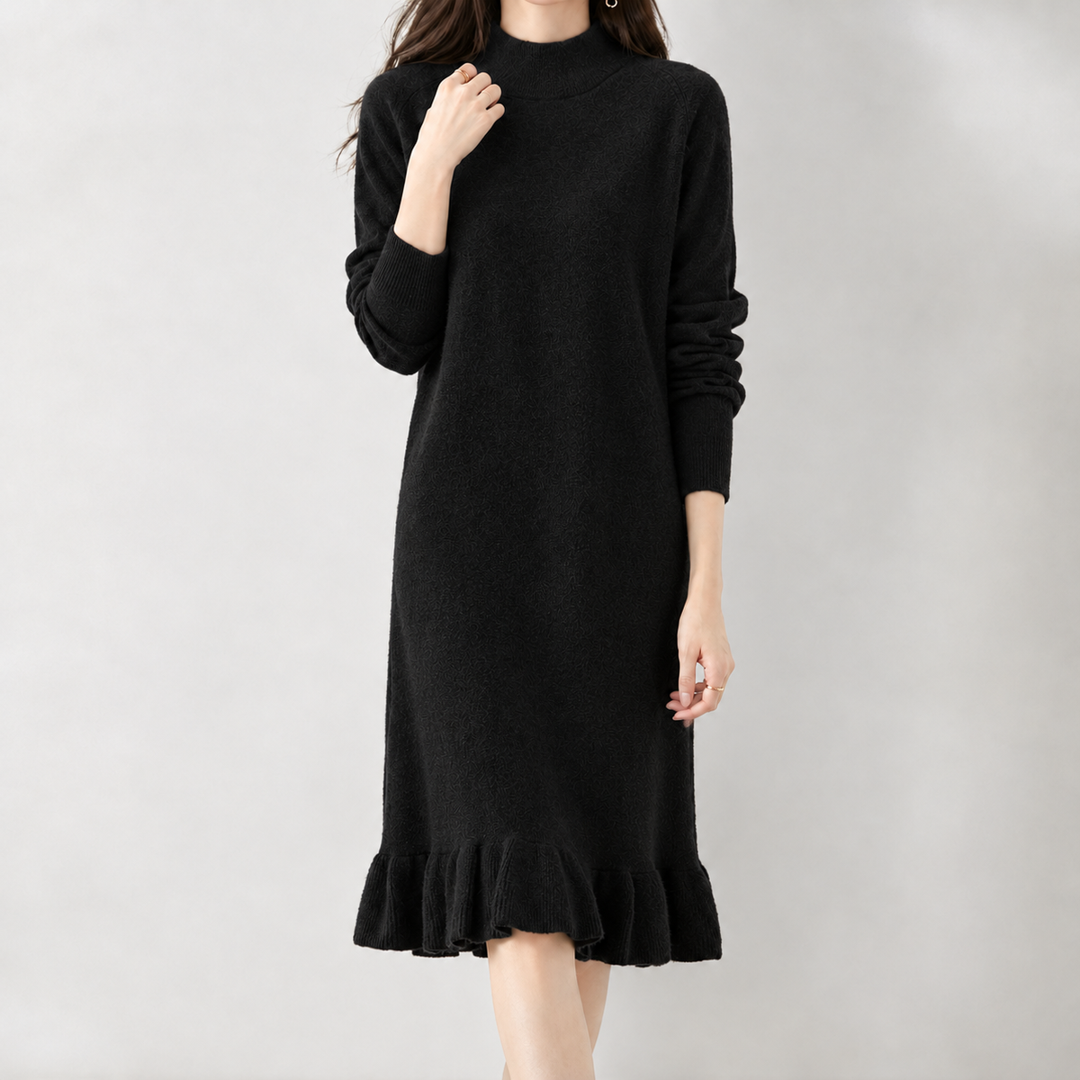 Beatriz Ruffle Hem Knit Dress - Black