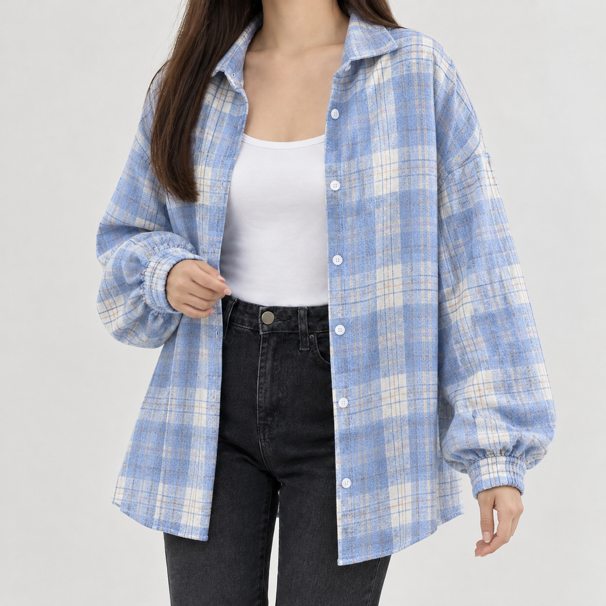 Charline Plaid Overshirt - Sky Blue