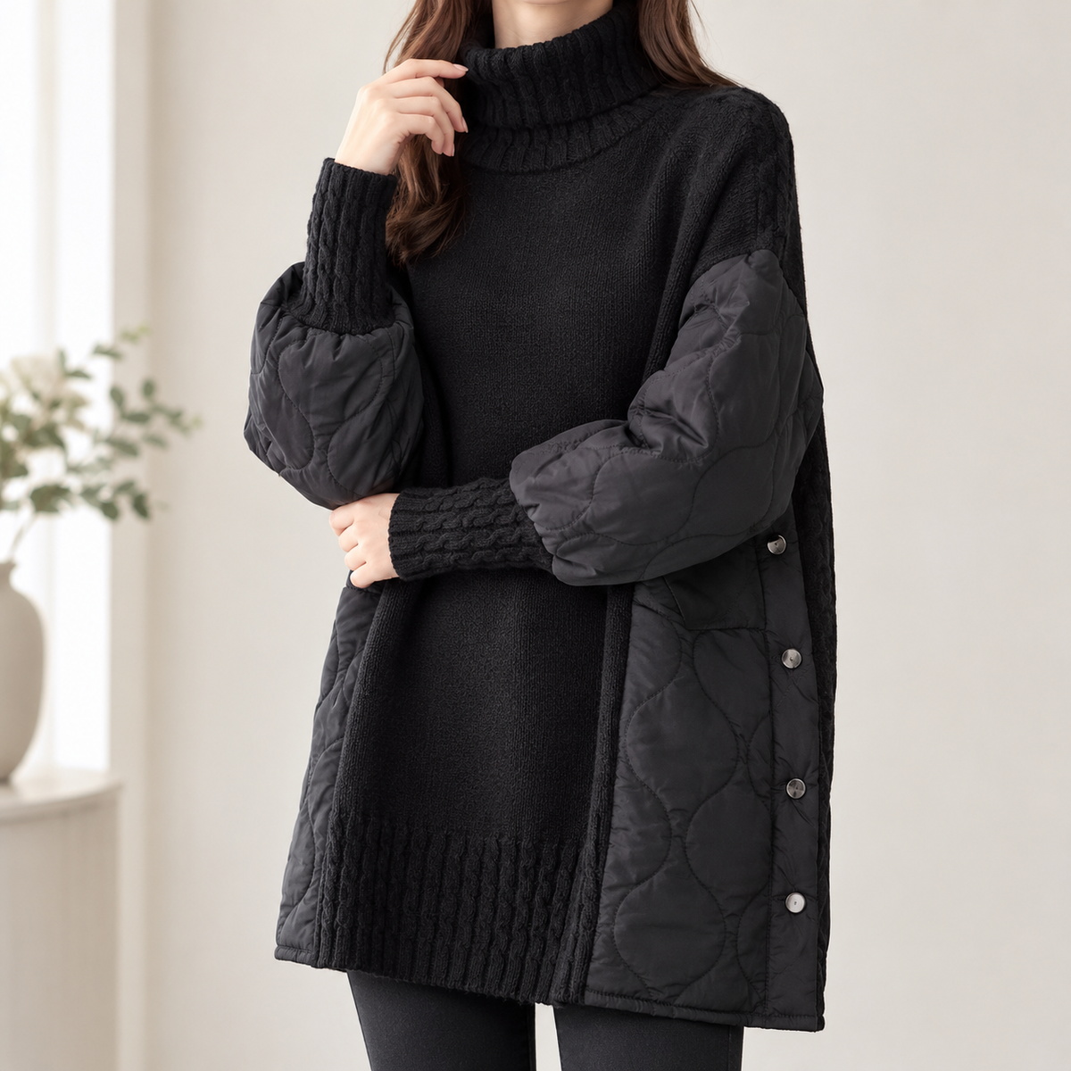 Gunhild Quilted Turtleneck Sweater - Coffee