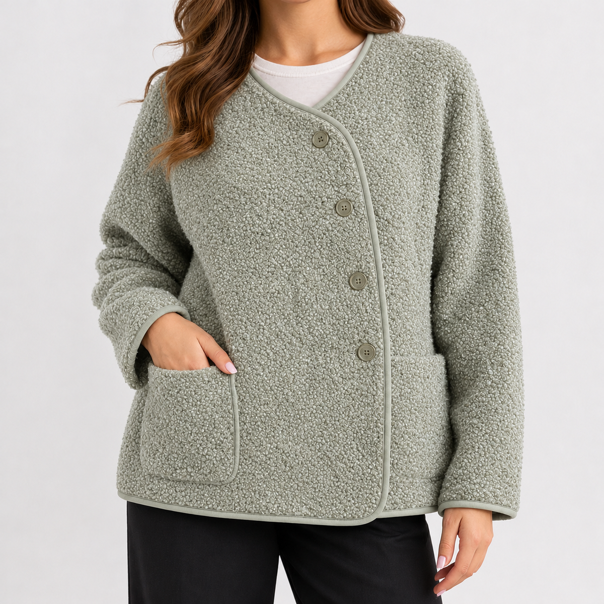 Coline Textured Fleece Jacket - Light Rice Green