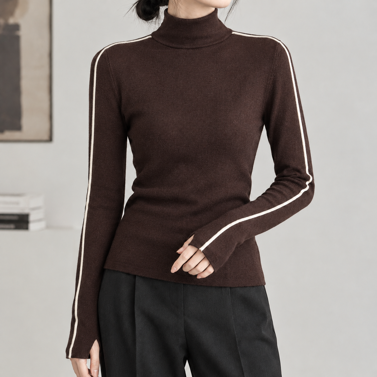 Katrien Contrast Turtleneck Top - Brown