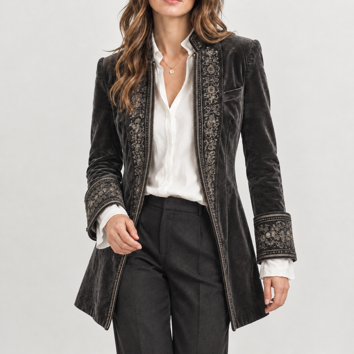 Felicie Embroidered Velvet Jacket - Dark Gray