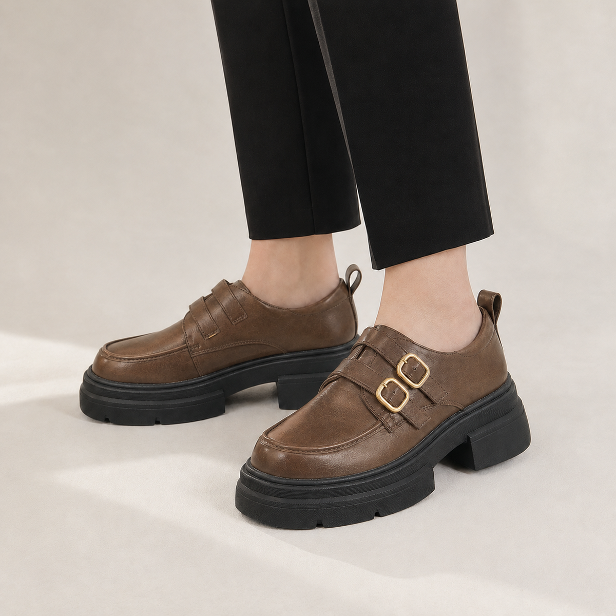 Domenica Double Buckle Shoes - Light Brown