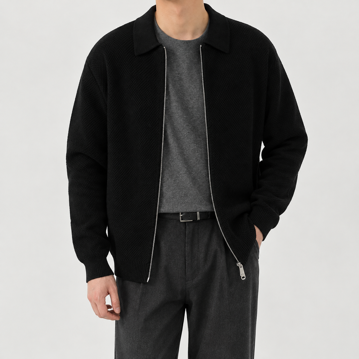 Alberico Textured Zip Cardigan - Grey