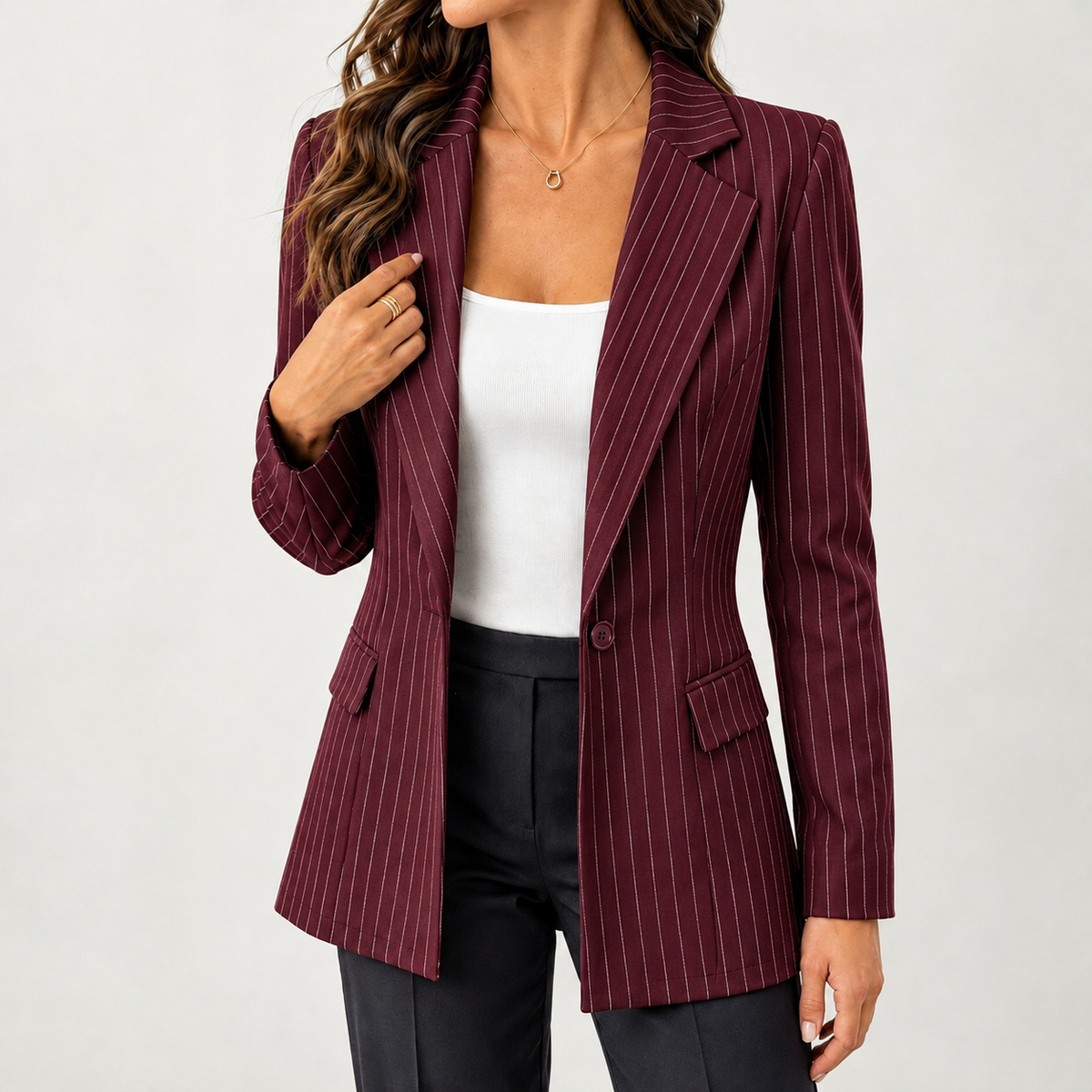 Grethe Pinstripe Blazer Jacket - Wine Red