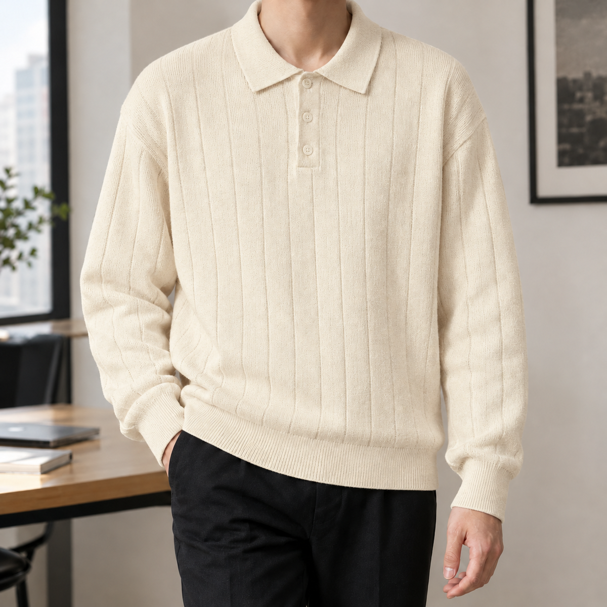 Eugenio Ribbed Polo Sweater - Apricot