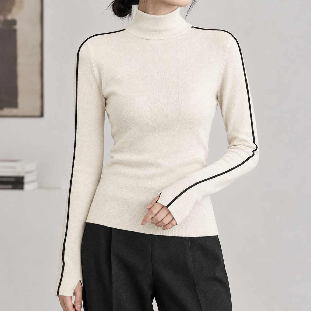 Katrien Contrast Turtleneck Top - Creamy-white