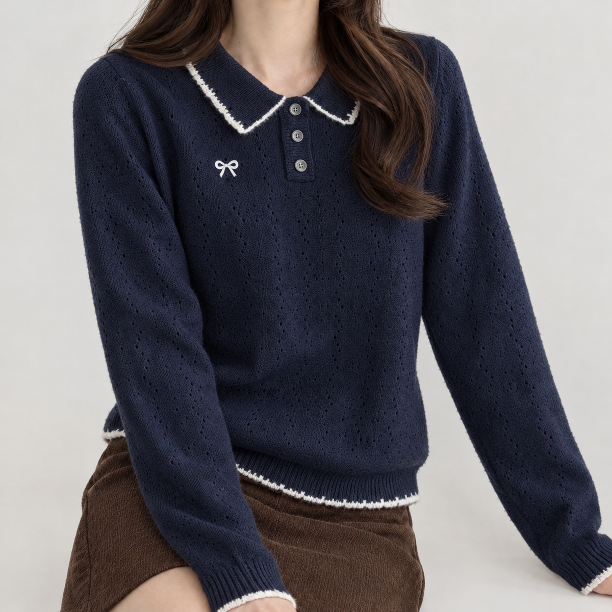 Camelia Pointelle Polo Sweater - Navy Blue