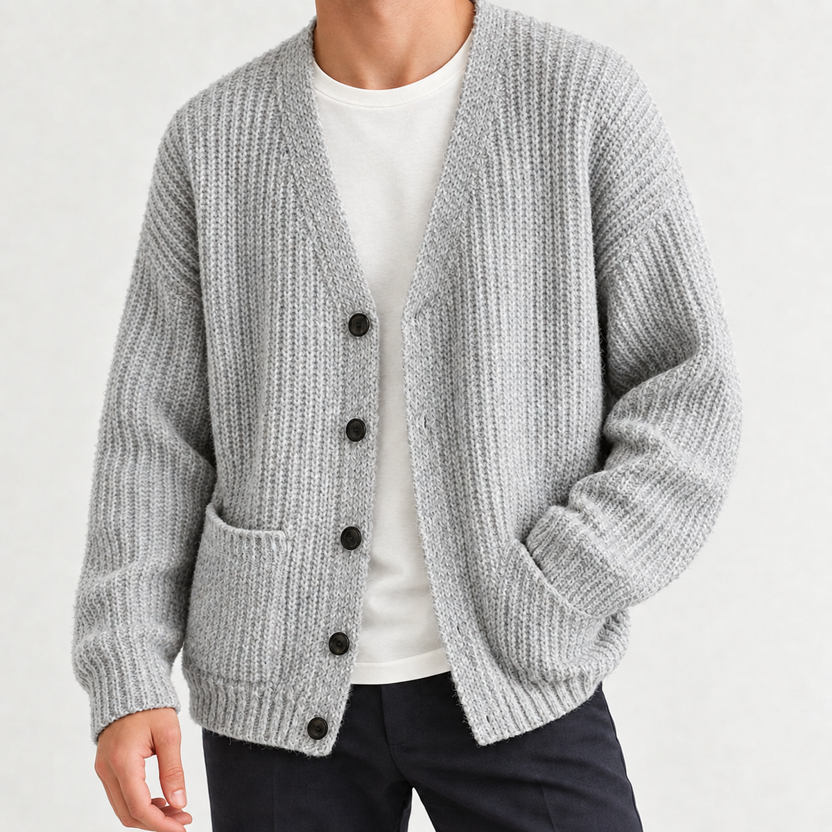 Nico Ribbed Cardigan - Light Gray