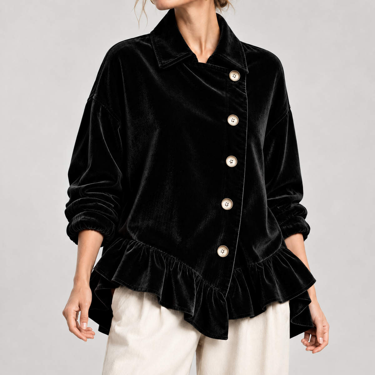 Fredrika Velvet Ruffle Jacket - Black