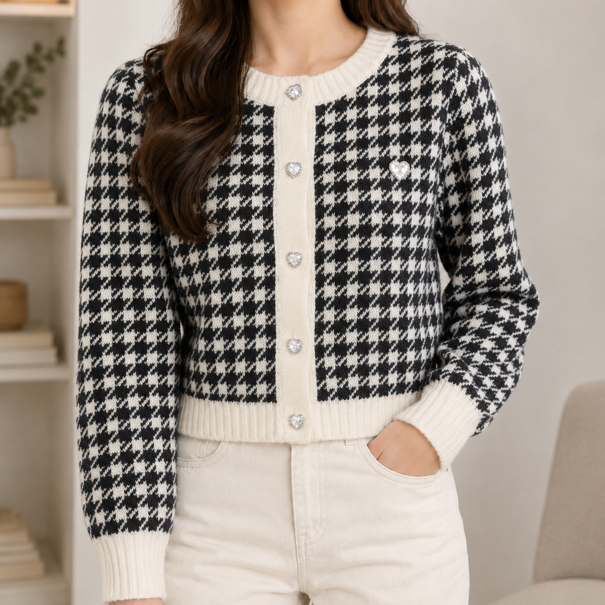 Cornelia Houndstooth Cardigan - Black