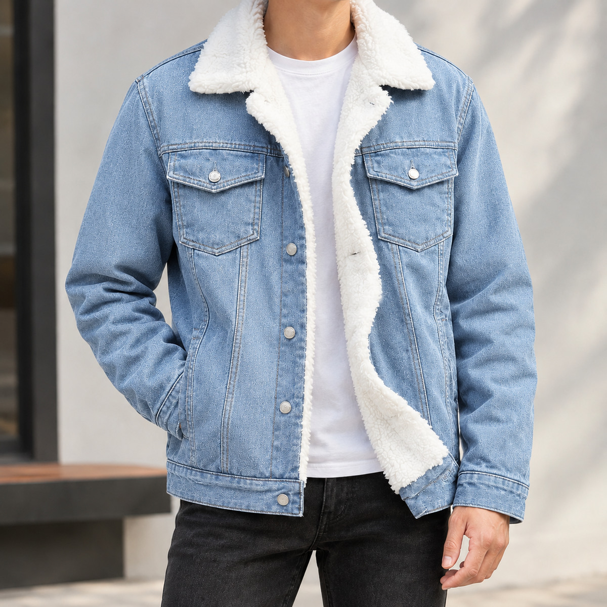 Agostino Sherpa Denim Jacket - Denim Light Blue