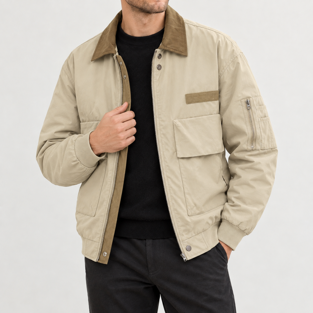 Flavien Contrast Collar Jacket - Khaki