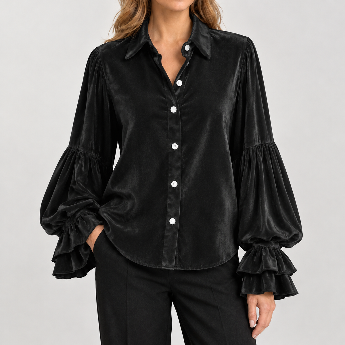 Evelise Ruffle Cuff Blouse - Black