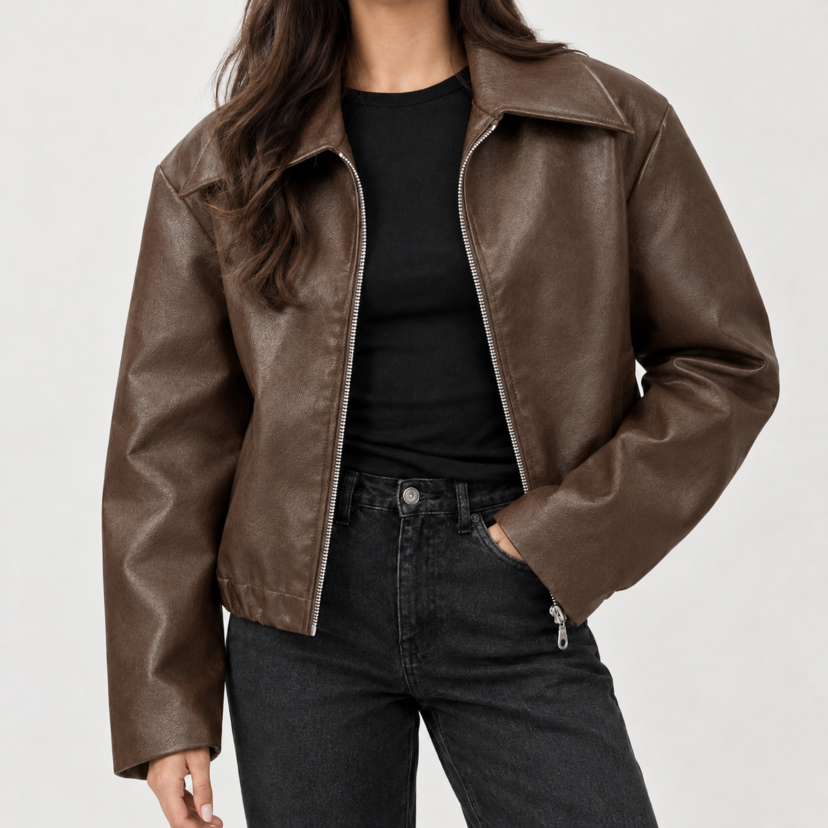 Ilse Collared Zip Jacket - Brown