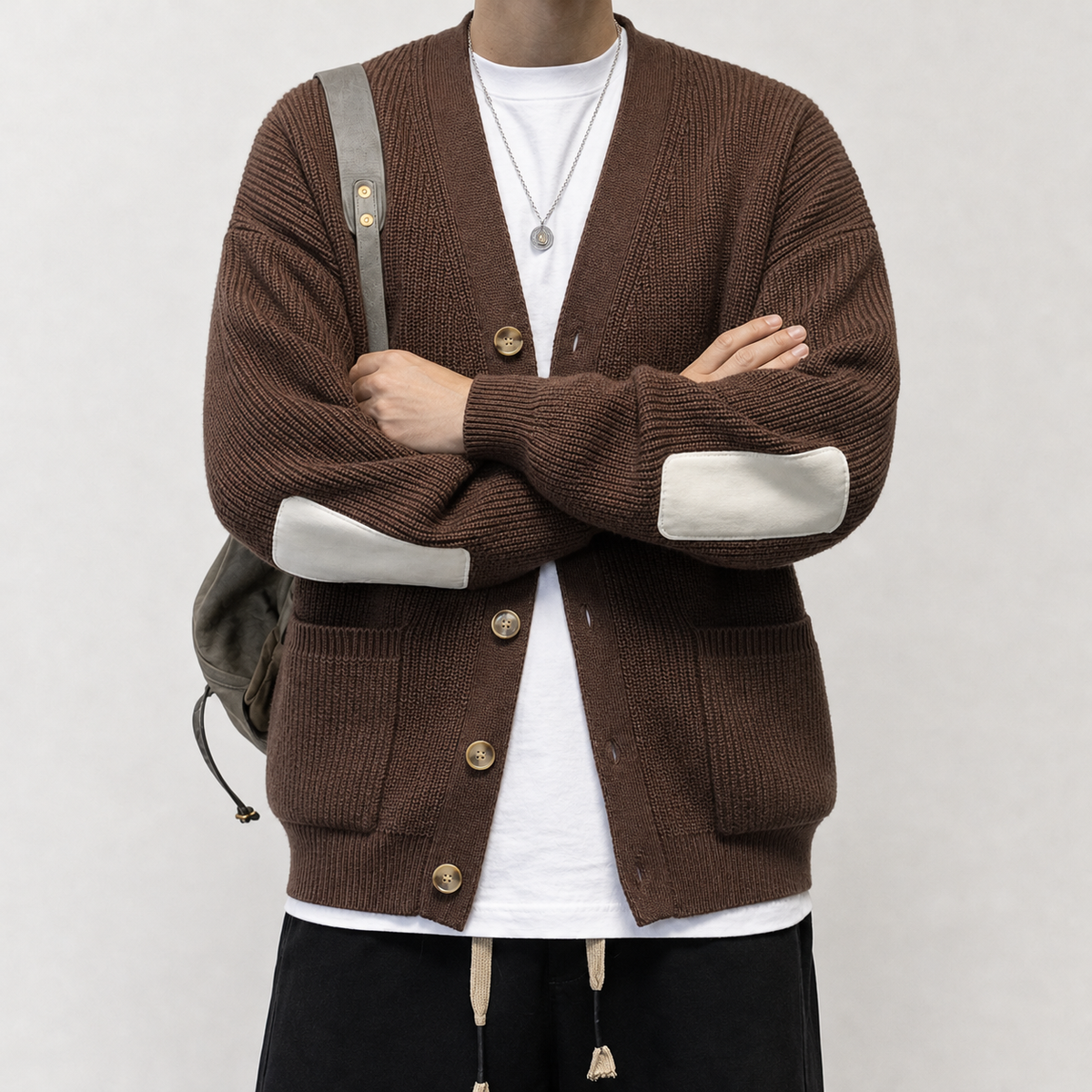 Fannar Textured Knit Cardigan - Brown