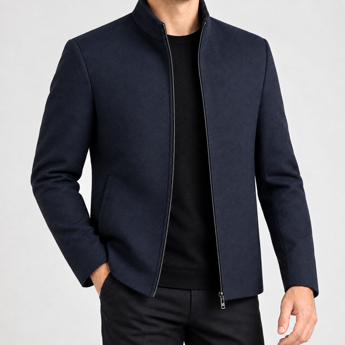 Maximus Cashmere Jacket - Navy Blue Stand Collar