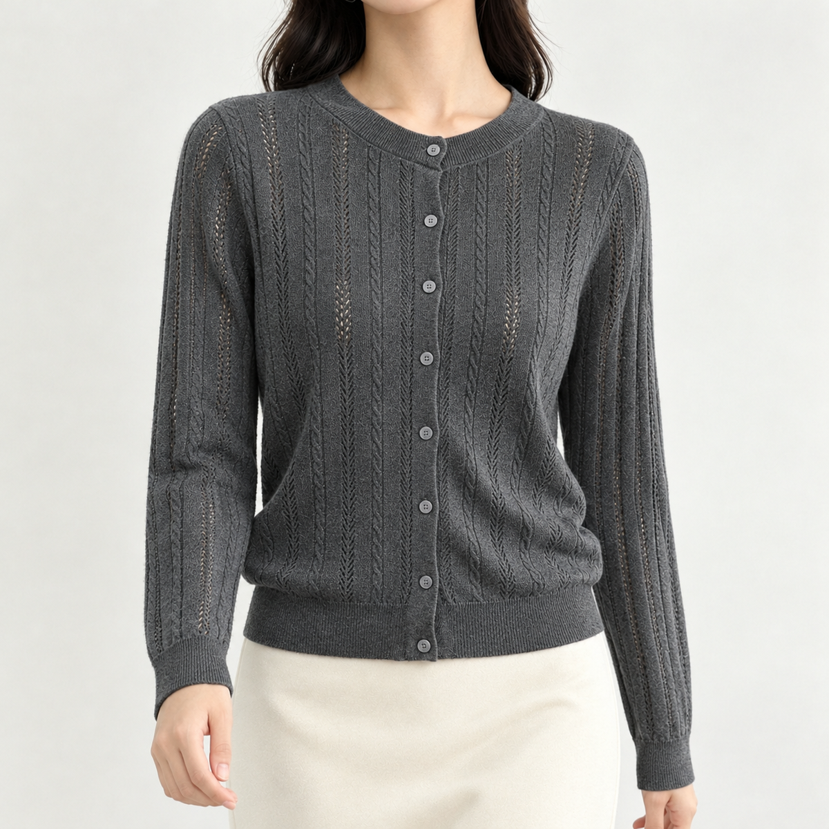 Christa Pointelle Cardigan - Dark Gray