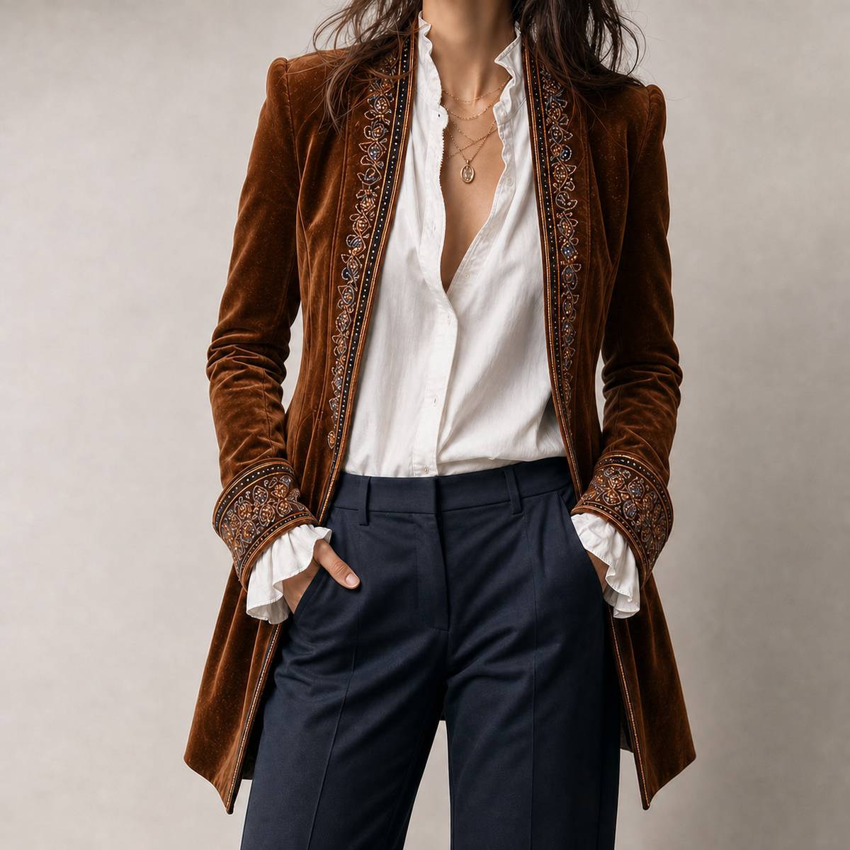 Felicie Embroidered Velvet Jacket - Brown