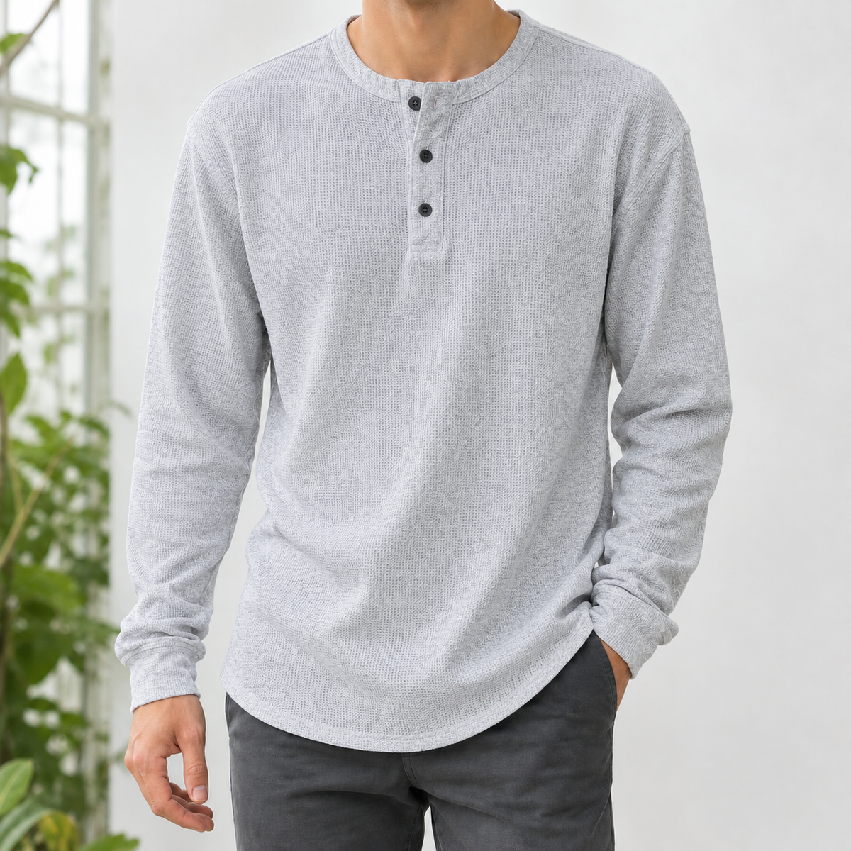 Gaston Waffle Henley Top - Gray
