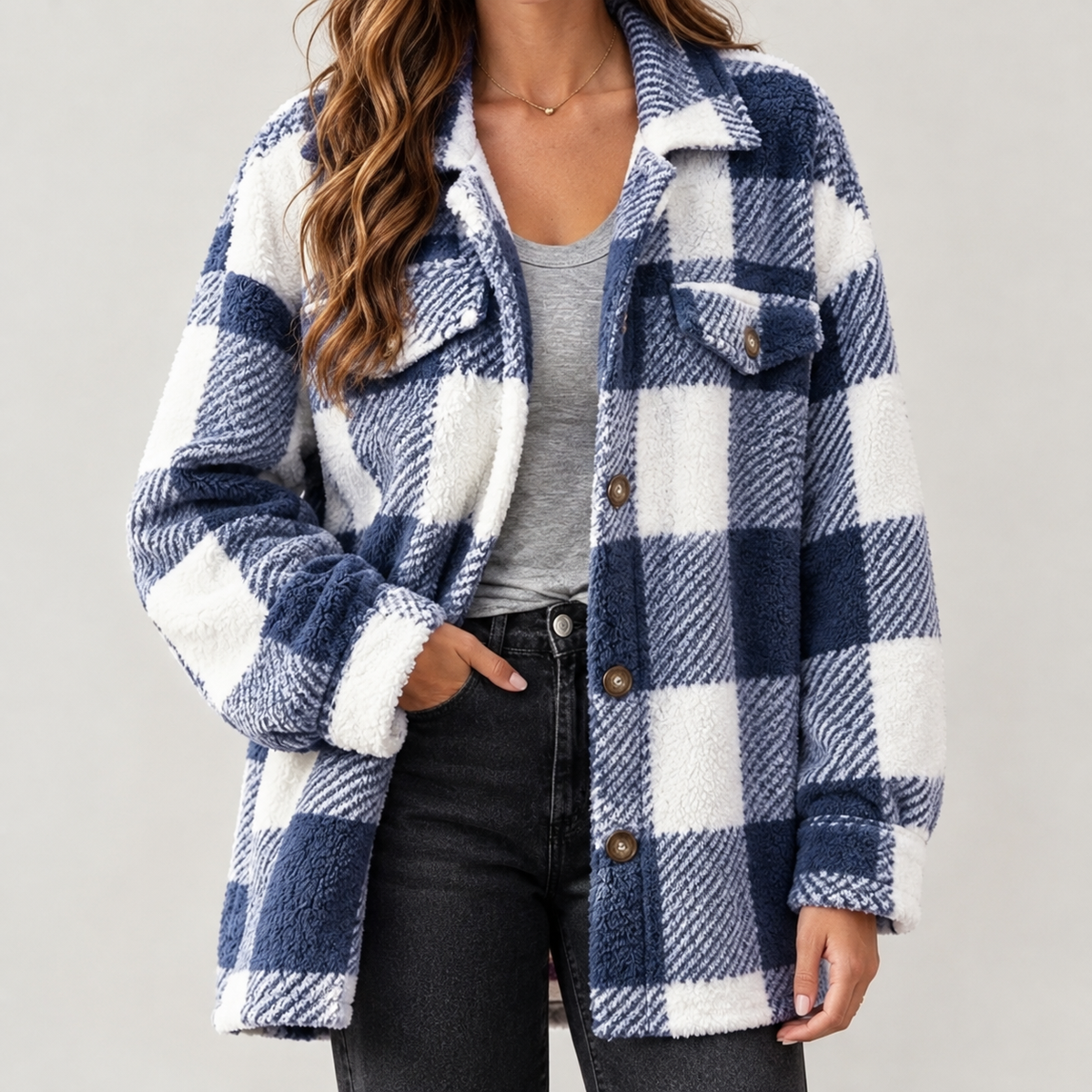 Maribel Plush Plaid Jacket - Blue