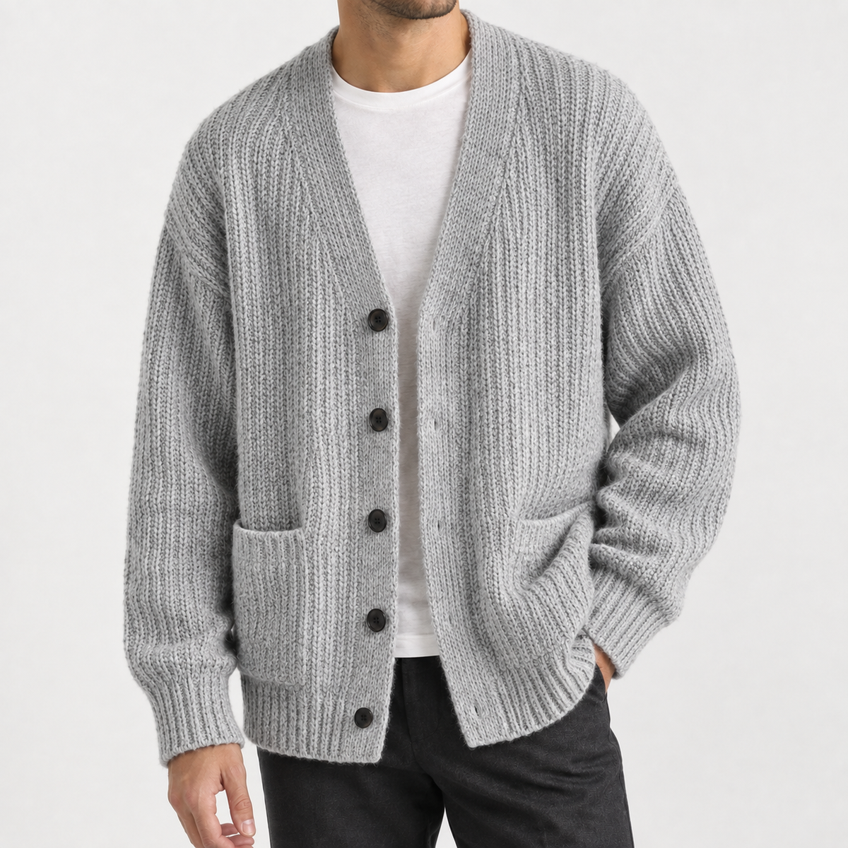 Nico Ribbed Cardigan - Light Gray