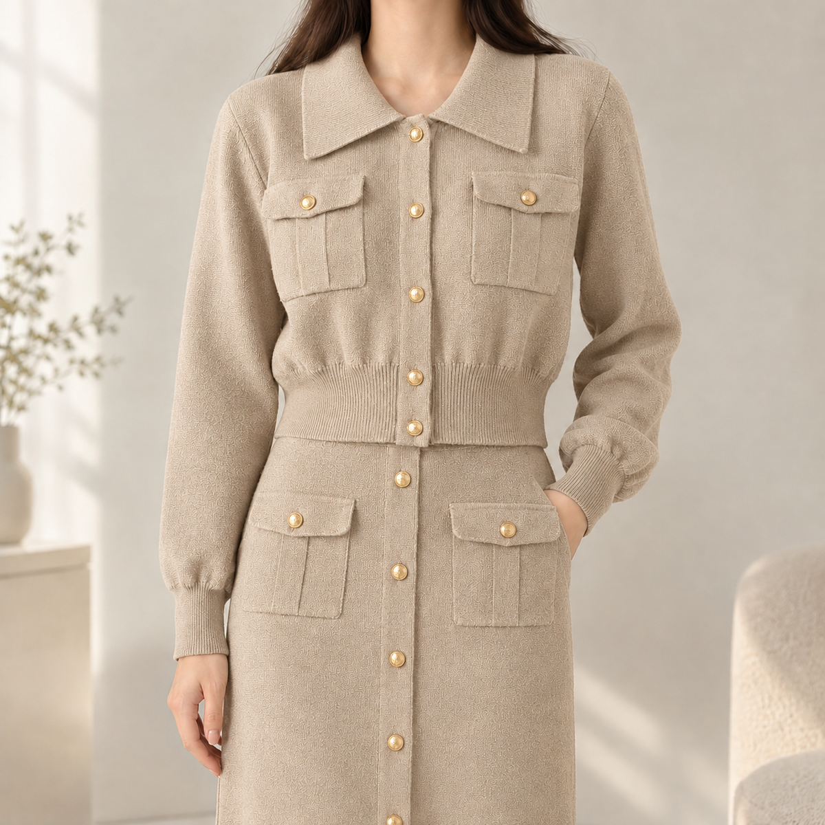 Martina Button Front Knit Set - Khaki