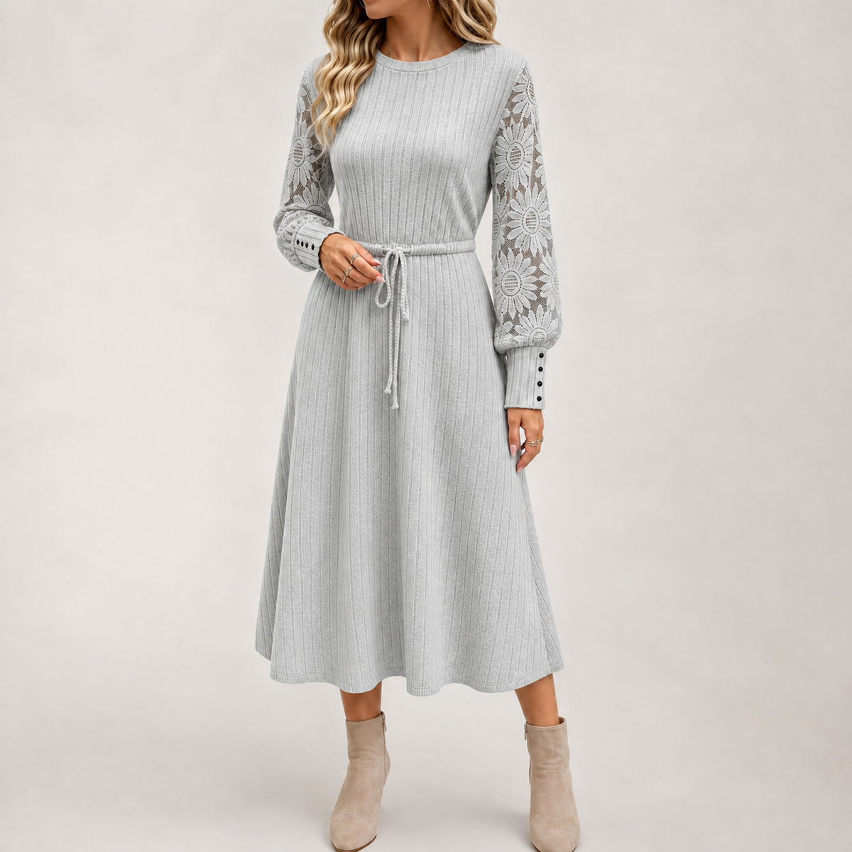 Katia Ribbed Midi Dress - Gray