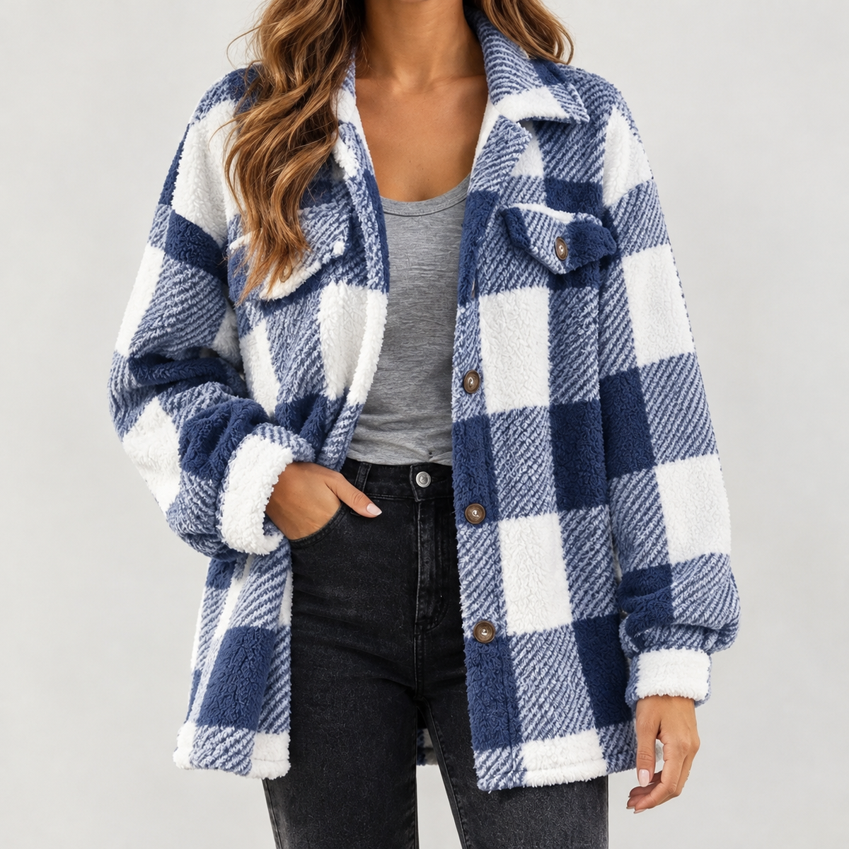 Maribel Plush Plaid Jacket - Blue