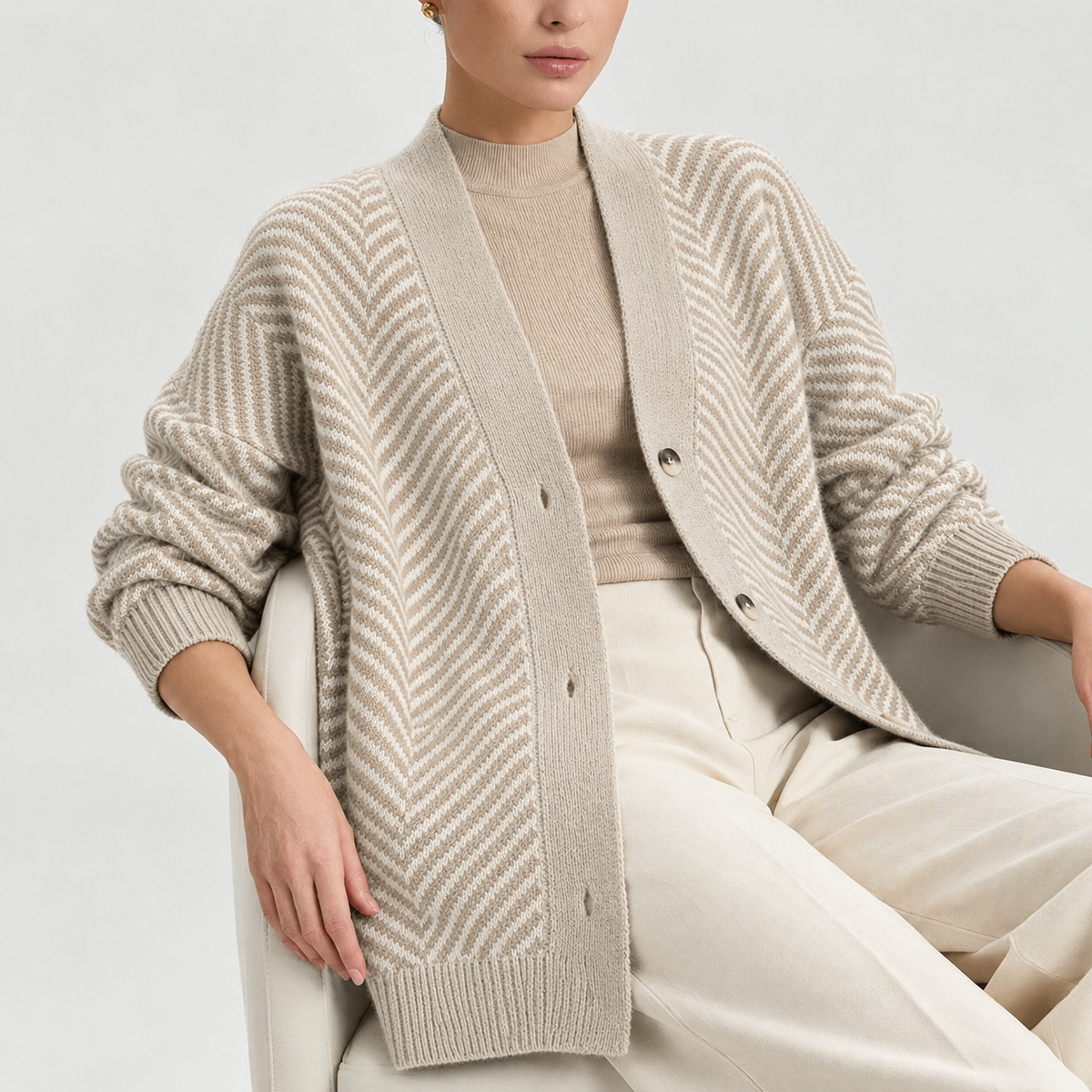 Karolin Herringbone Cardigan - Apricot
