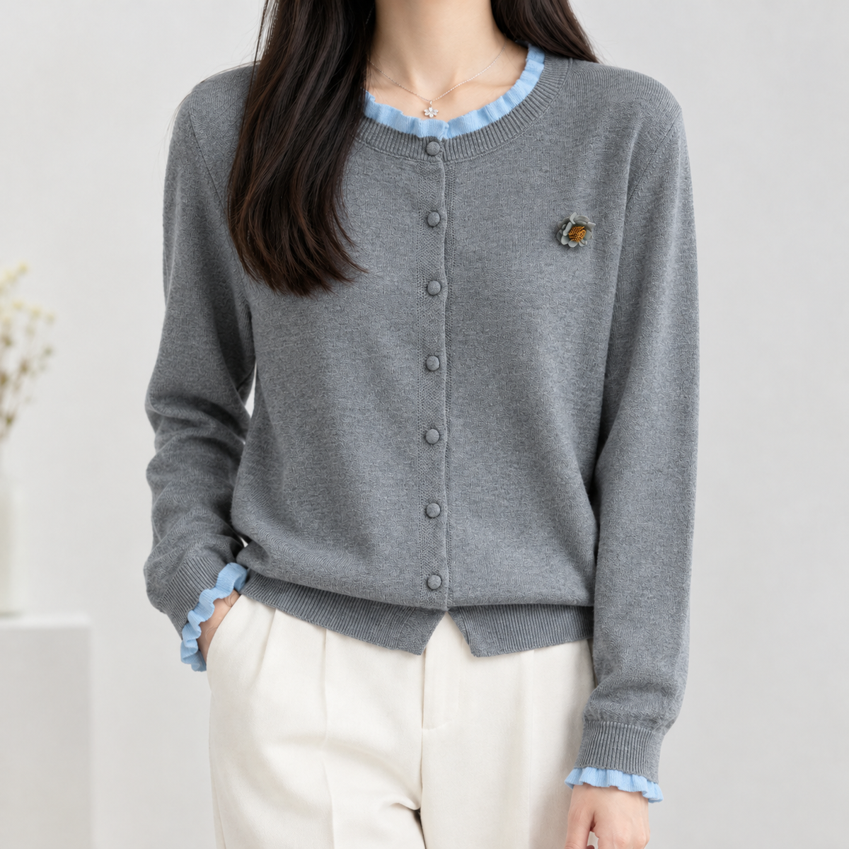 Elvira Ruffle Trim Cardigan - Gray