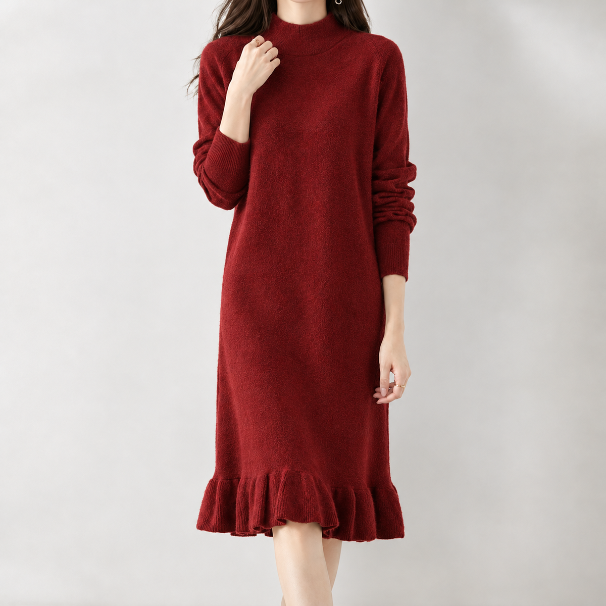 Beatriz Ruffle Hem Knit Dress - Red