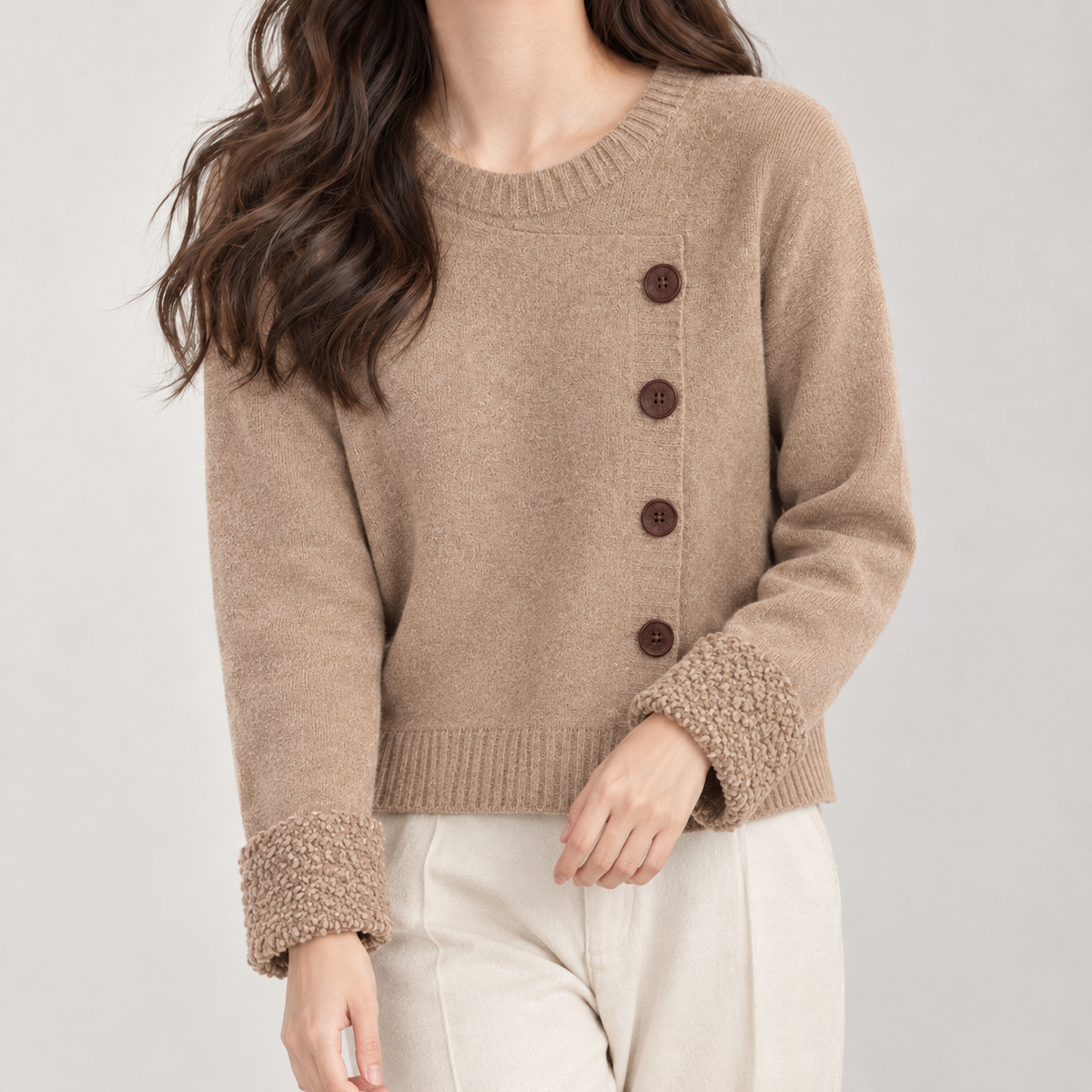 Margrit Button Front Cardigan - Khaki