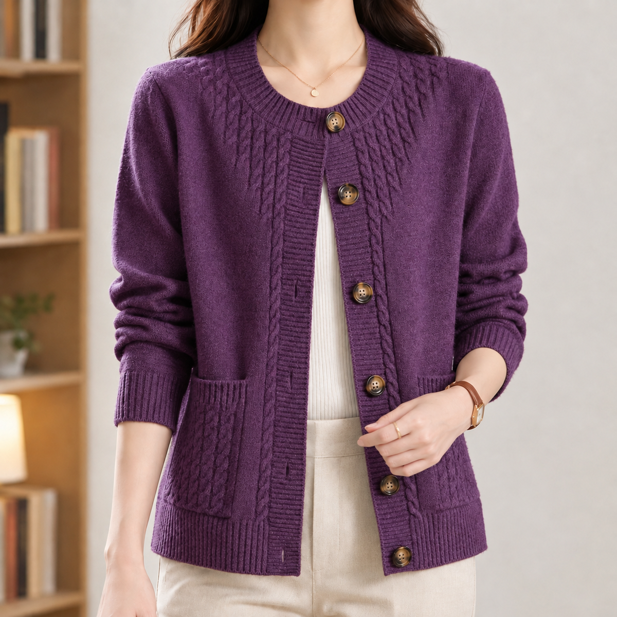Jolene Cable Knit Cardigan - Purple