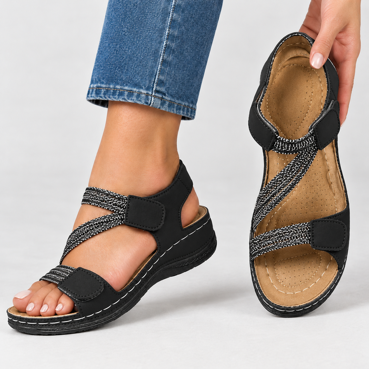 Victorine Strappy Wedge Sandals - Black