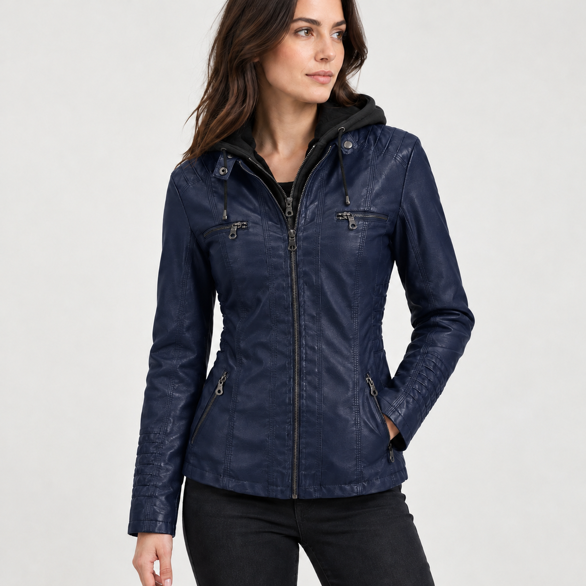 Clarisse Hooded Leather Jacket - Dark Blue