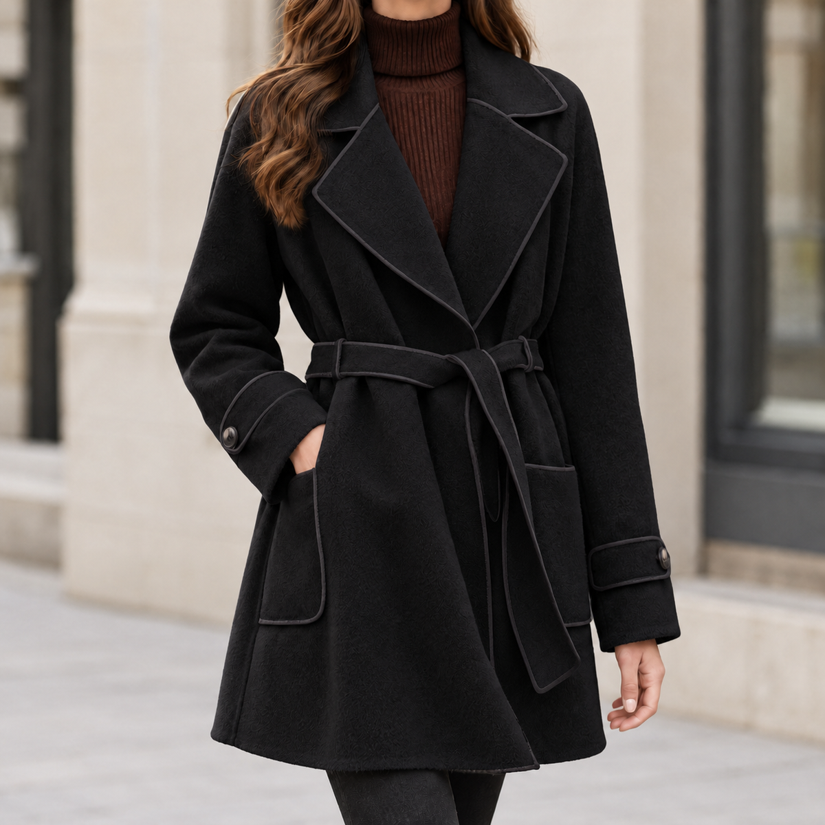 Geertje Contrast Piped Coat - Black