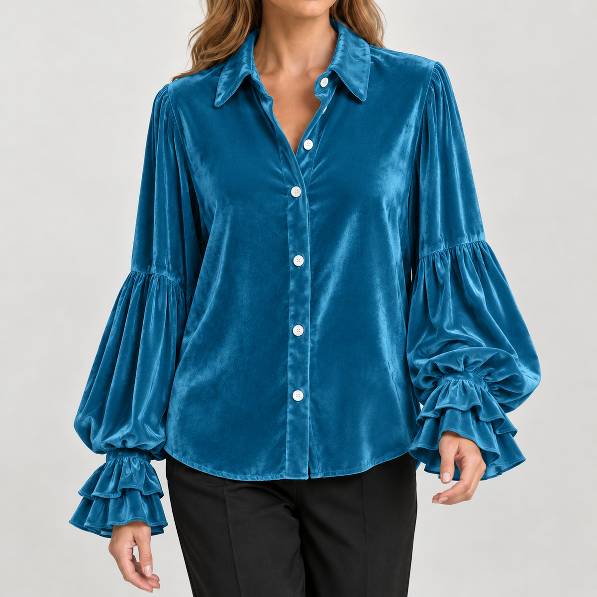 Evelise Ruffle Cuff Blouse - Peacock Blue