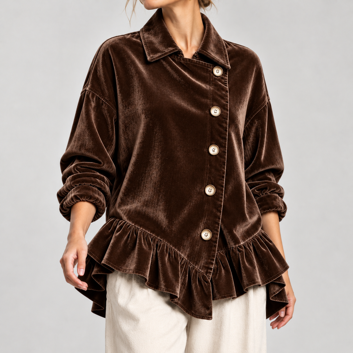 Fredrika Velvet Ruffle Jacket - Coffee